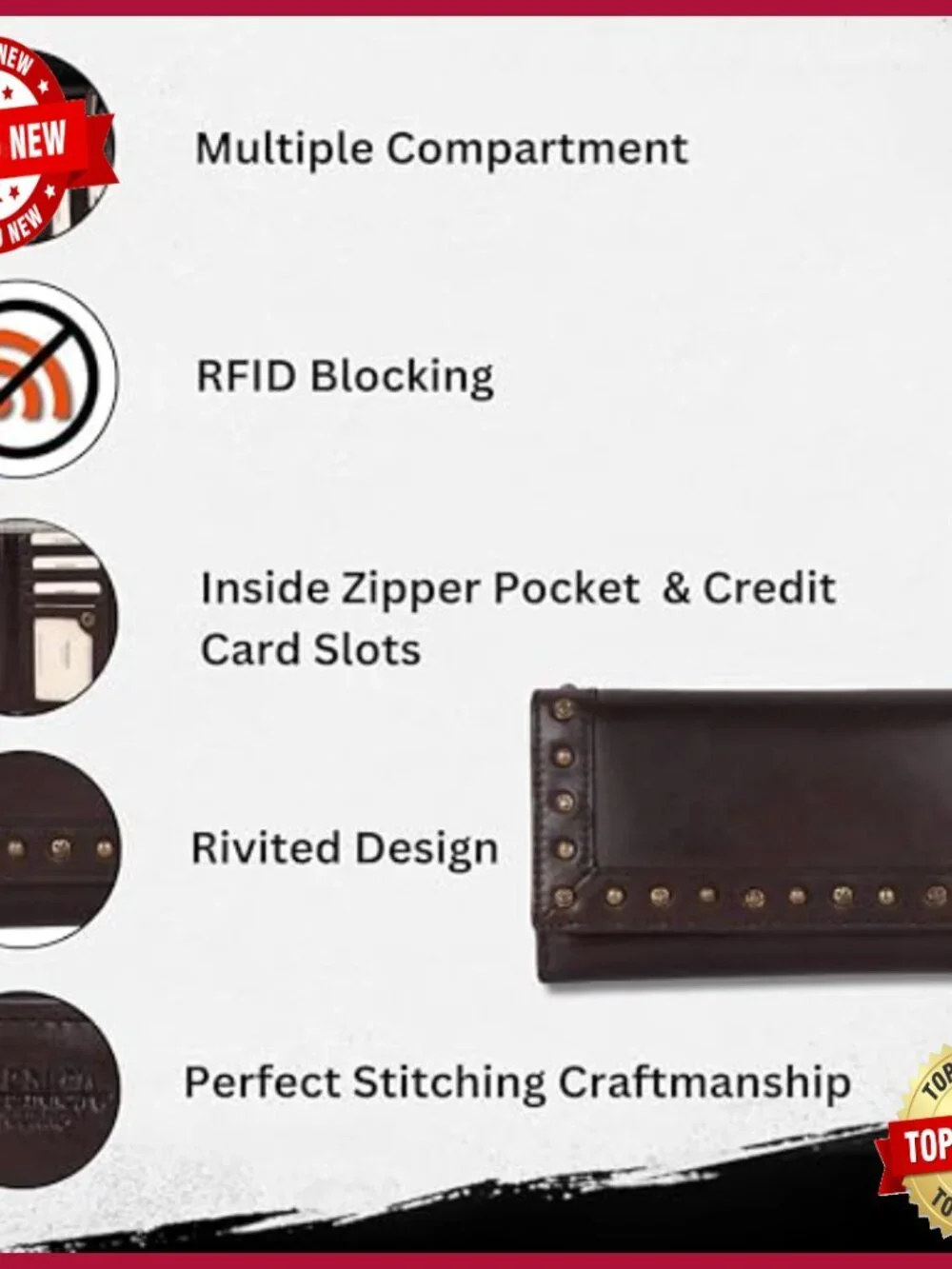 Vintage Italian Leather Studded Trifold Wallet with Zipper Coin Purse